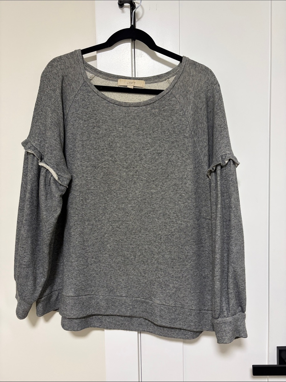 LOFT Heather Gray Ruffle-Trim Crewneck Sweatshirt